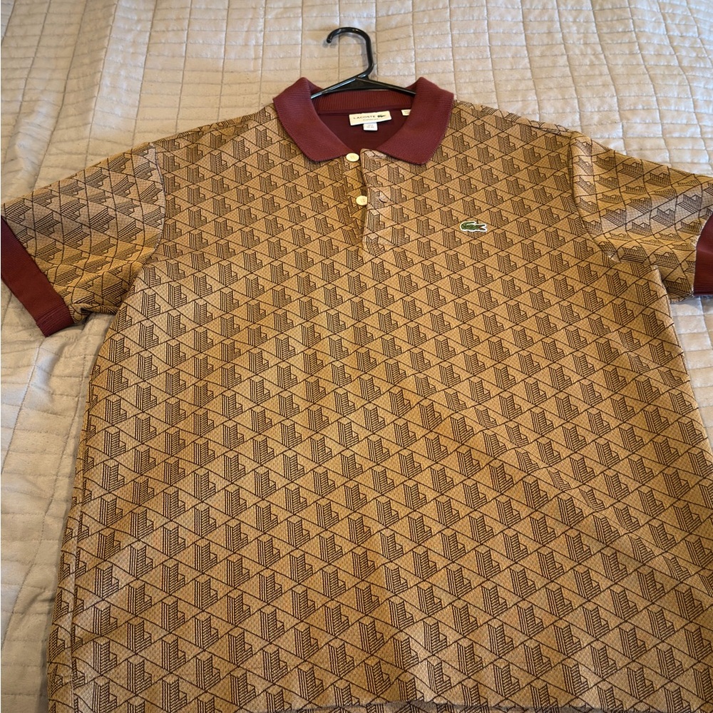 Lacoste Tan and Brown Geometric Polo Shirt